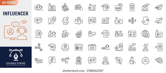 Influencer line icons set. Editable stroke. Containing as blogger, creator, audience and more. Vector illustration