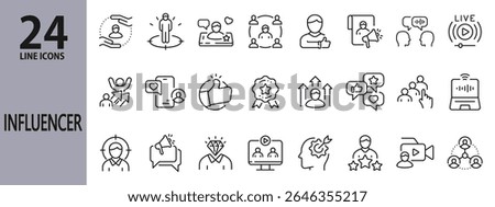 Influencer line icons set with Media, Content, Followers, Marketing, Comment, Audience and more. Editable Stroke