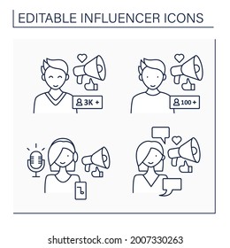 Influencer line icons set. Micro and macro influencer, podcaster, social posts writer. Blogging concept. Isolated vector illustration. Editable stroke