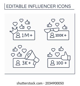 Influencer line icons set. Micro, macro, nano bloggers. Blogging concept. Isolated vector illustrations. Editable stroke