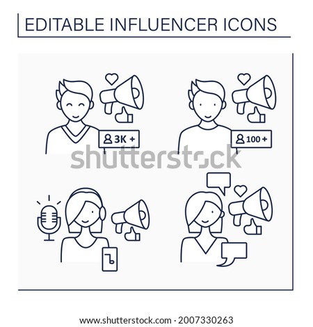 Influencer line icons set. Micro and macro influencer, podcaster, social posts writer. Blogging concept. Isolated vector illustration. Editable stroke