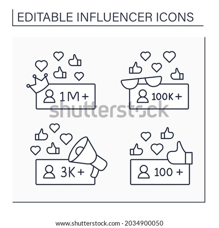 Influencer line icons set. Micro, macro, nano bloggers. Blogging concept. Isolated vector illustrations. Editable stroke