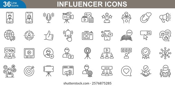 Influencer line icons set. Social media content creation, digital marketing, blogging, vlogging, online branding, and personal branding concepts in flat design style vector illustration.