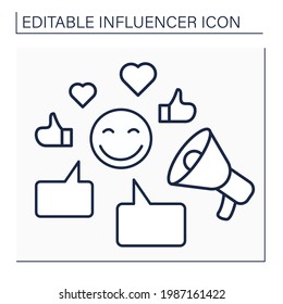 Icono de línea de influencia.Escribir publicaciones en sitios web.Comunicación con los seguidores. Influencia en el público. Contenido para suscriptores. Concepto de blogueo. Ilustración vectorial aislada. Trazo editable
