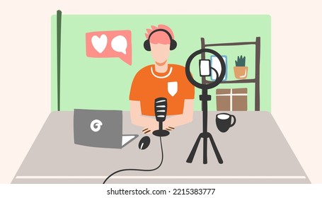 Influencer live broadcasting online flat design illustration vector.