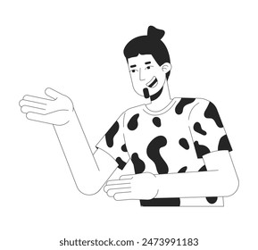 Hombre influencer haciendo gestos demostrando blanco y negro 2D línea personaje de dibujos animados. Hombre barbudo caucásico amistoso aislado perfil de Vector persona. Ilustración monocromática de mancha plana de presentación