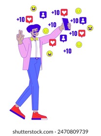 Influencer man with phone followers likes 2D linear illustration concept. Hispanic male internet celebrity cartoon character isolated on white. Social media popularity metaphor abstract flat vector