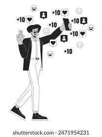 Influencer man with phone followers likes black and white 2D illustration concept. Hispanic male internet celebrity cartoon outline character isolated on white. Popularity metaphor monochrome vector