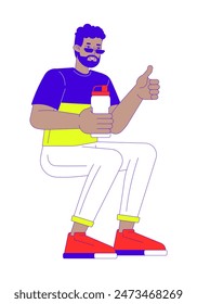 Influencer man recommending water bottle reusable 2D linear cartoon character. Black guy thumb up isolated line vector person white background. Zero waste promotion color flat spot illustration