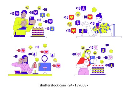 Influencer marketing 2D linear illustration concept set. Video bloggers diverse cartoon characters isolated on white. Social media popularity metaphors abstract flat vector outline graphic collection