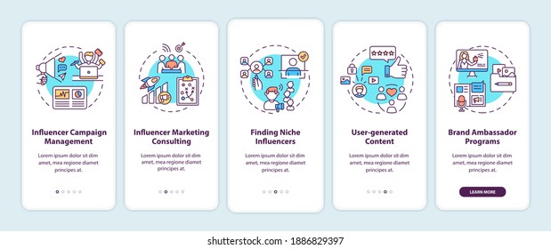 Influencer marketing agency services onboarding mobile app page screen with concepts. Influencer campaign walkthrough 5 steps graphic instructions. UI vector template with RGB color illustrations