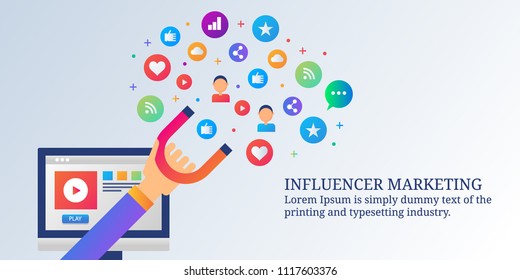 Influencer marketing - Attracting new customers - Digital advertising - vector banner with icons