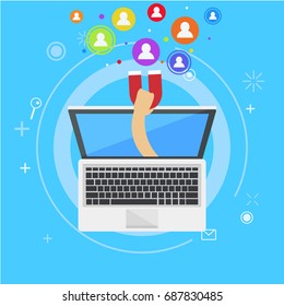 Influencer marketing banner. From the computer comes out a hand with a magnet, calling users. Vector flat illustration