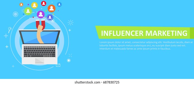 Influencer marketing banner. From the computer comes out a hand with a magnet, calling users. Vector flat illustration