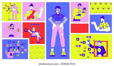 Influencer marketing bento grid illustration set. Social media promo campaign 2D vector image collage design graphics collection. Popular bloggers streaming flat characters moodboard layout