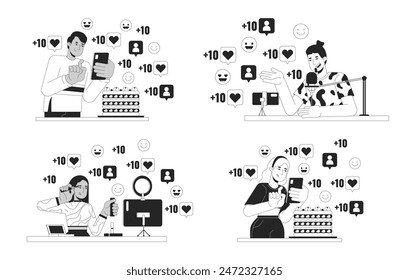 Influencer marketing black and white 2D illustration concept set. Video bloggers diverse cartoon outline characters isolated on white. Social media popularity metaphor monochrome vector art collection