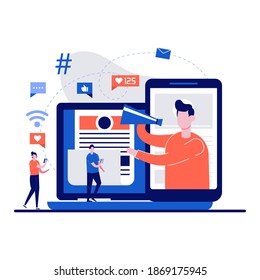 Influencer marketing, blogging, advertising on social media networks concept with tiny character. People with megaphone promoting product or service on video channel flat vector illustration.