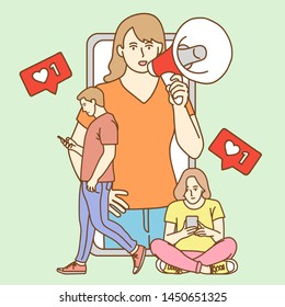 influencer marketing concept, blogger promotion services and goods for her followers online
