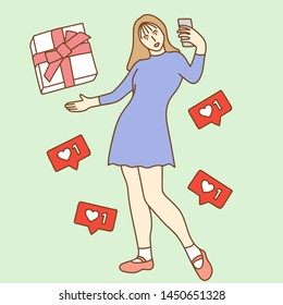 influencer marketing concept, blogger promotion services and goods for her followers online