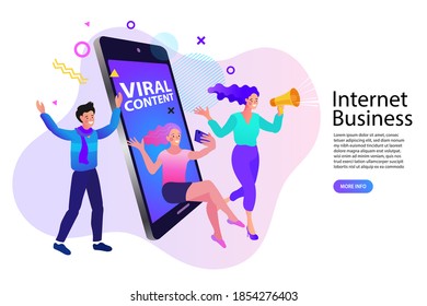 Influencer marketing concept. blogger promotion services and goods for her followers online. woman with megaphone on screen and young people surrounding her. Flat vector illustration.
