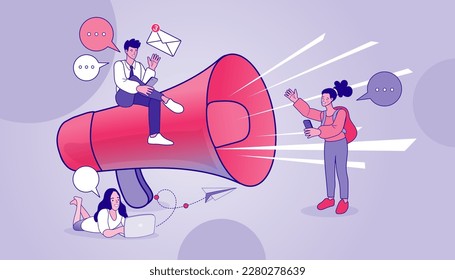 Influencer marketing concept. blogger promotion services and goods for her followers online. woman with megaphone on screen and young people surrounding her. Flat vector outline illustration.