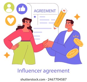 Influencer marketing concept. A content creator and brand representative seal a partnership, indicative of social media collaborations. Vector illustration.