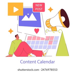 Concepto de marketing de influencer. Creador de contenido con un calendario planificando publicaciones para la participación en redes sociales. La estrategia del influencer digital. Ilustración vectorial.