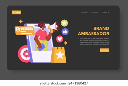 Influencer Marketing concept. Digital brand ambassador promotes products on social media platform. Online engagement, target audience reach. Vector illustration.