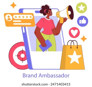 Influencer Marketing concept. Digital influencer promoting brands with a megaphone, fostering online engagement. Social media strategy and advertising. Vector illustration.