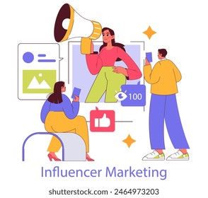 Influencer Marketing concept. Digital promotion through social media personalities engaging with followers. Online brand endorsement scene. Vector illustration.