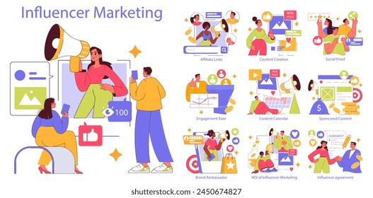 Influencer Marketing concept. Dynamic interaction of social media influencers and marketing elements. Engaging online audience, content strategies, and brand partnerships. Vector illustration.