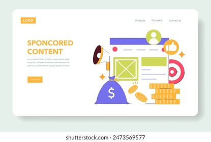 Influencer Marketing concept. Engaging web interface showcasing monetized content and targeted advertisement. Digital communication, audience reach, online promotion. Vector illustration.