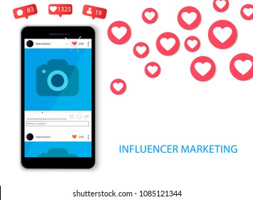 Influencer Marketing Concept With Hand Holding Smartphone And Like And Hearts Illustration.