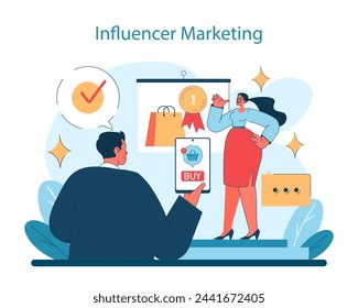 Influencer Marketing concept illustration. Showcases the power of social media influencers in consumer purchasing decisions. Effective influencer partnership portrayal. Flat vector illustration.