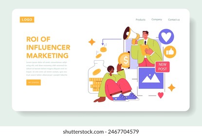 Influencer Marketing concept. An illustration showing influencer engaging audience, driving brand's ROI through social media. Vector illustration.