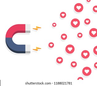 Influencer marketing concept with magnet, like and hearts Illustration.