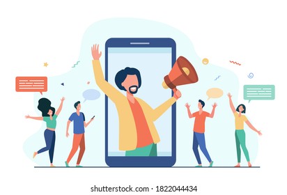 Influencer marketing concept. Male blogger with megaphone sharing information with audience on social media websites. Vector illustration for digital marketing, promotion, communication topics