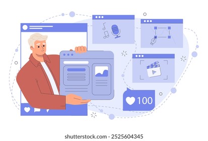 Influencer marketing concept. Man with posts for social networks and messenger. Promoting content and company on Internet. Marketer and famous personality. Flat vector illustration