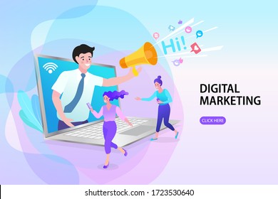 influencer marketing concept. Online influencer marketing template layout for web banner. Vector illustration in flat simple style. 