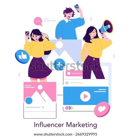 Influencer marketing concept showcasing three individuals engaging with smart devices and social media symbols. Vector illustration highlighting digital content creation and connectivity.