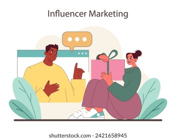 Influencer Marketing concept. A visual representation of influencer partnerships, spotlighting the collaborative approach to brand promotion and consumer engagement. Flat vector illustration.