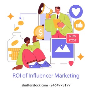 Influencer Marketing concept. Visualizing the ROI of social media influencers with engaging posts and monetary gains. Online advertising strategy. Vector illustration.