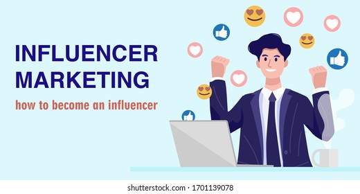 Influencer marketing concept, A young businessman watching a live streaming. Vector