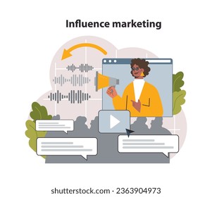 Influencer marketing. Digital promotion in social networks. Website or brand advertisement and public relations. Social media influencer, popular celebrity attract customers. Flat vector illustration