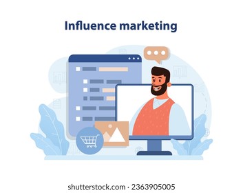 Influencer marketing. Digital promotion in social networks. Website or brand advertisement and public relations. Social media influencer, popular celebrity attract customers. Flat vector illustration