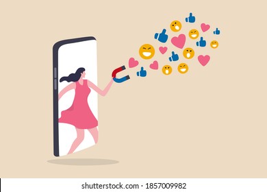 Influencer marketing, digital social media for marketing campaign or advertising concept, beautiful teenage lady stand out from mobile smartphone using magnet to draw social media emoji interaction.