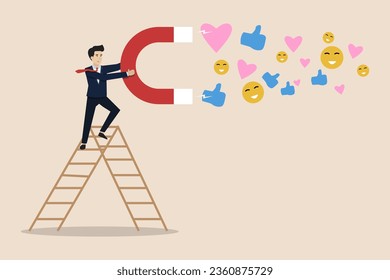 Influencer marketing, digital social media for marketing campaign or advertising concept, smart businessman using magnet to attract social media emoji interaction. Illustration successful business.