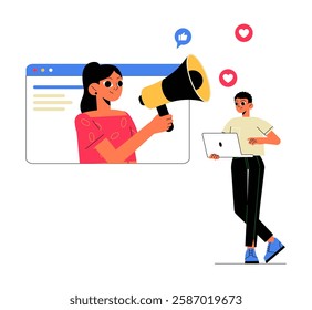 Influencer Marketing With A Female Content Creator On A Screen In Flat Vector Illustration About Social Media Engagement, Digital Promotion, And Online Branding, Isolated On White Background