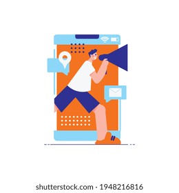 Influencer marketing composición plana con carácter de tipo en smartphone con ilustración de vector megáfono