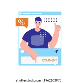 Influencer marketing flat composition with character of guy in smartphone vector illustration